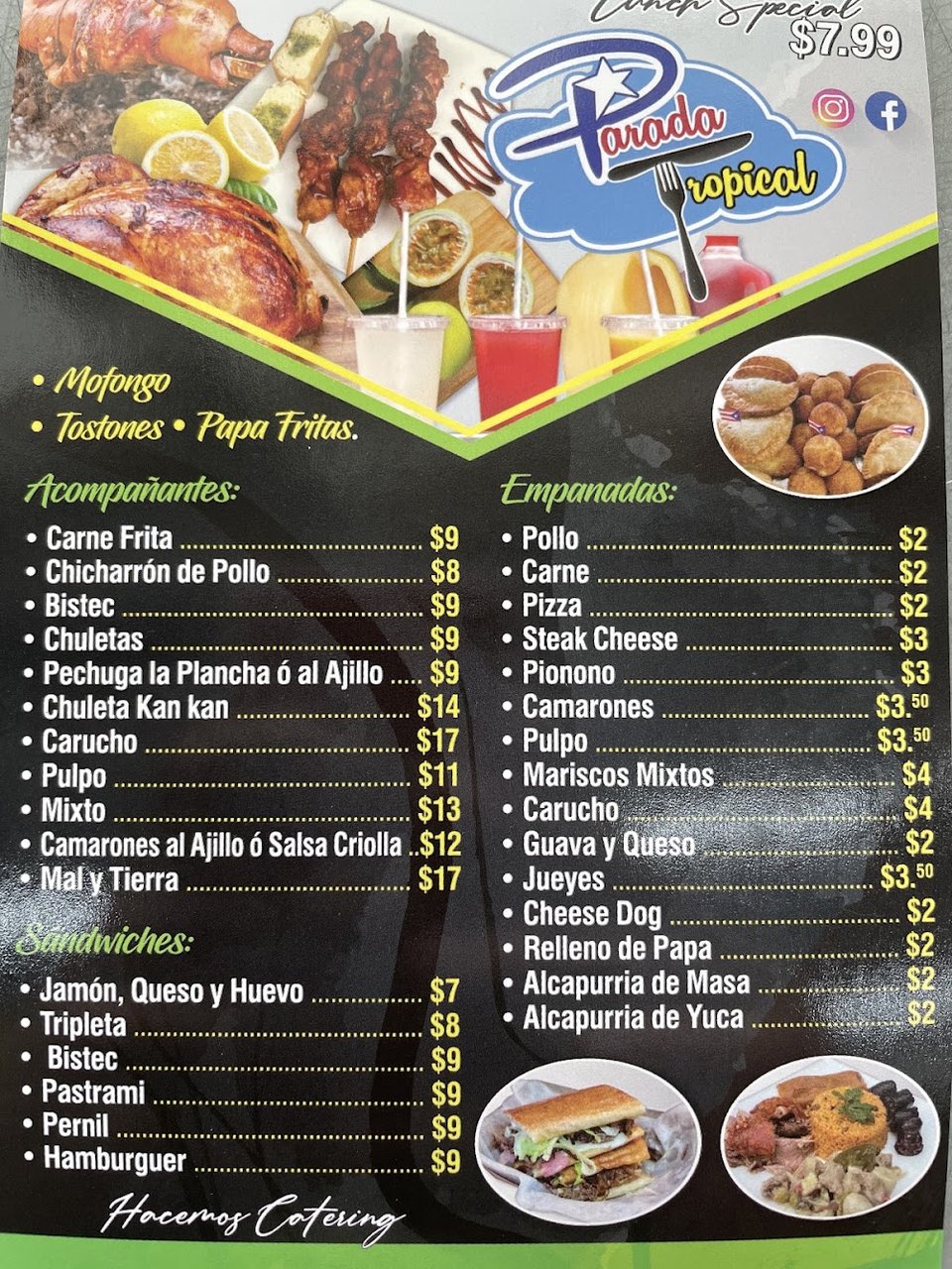 Printed menu with sandwiches and sides.